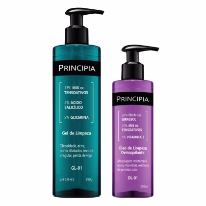 Dois frascos de produtos de beleza da marca Principia: um gel de limpeza em frasco de bomba na cor azul-esverdeado e um óleo de limpeza desmaquiante em frasco de bomba na cor roxa. 