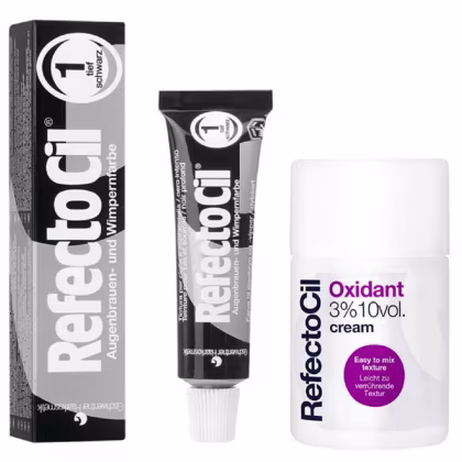 Caixa preta e branca com logotipo RefectoCil, tubo de creme RefectoCil Oxidant 3% 10vol. e embalagem do produto RefectoCil 1.0 Preto
