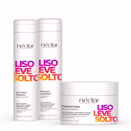 Produtos da linha Liso Leve Solto da marca Néctar Professional, incluindo shampoo, condicionador e máscara, em embalagens brancas com detalhes em roxo e laranja.