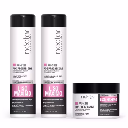 Produtos de cuidado capilar da linha Princess Pos.Progressive da marca Néctar, incluindo shampoo, condicionador e máscara, em embalagens plásticas brancas e pretas com detalhes em rosa.