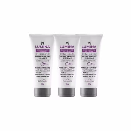 Três tubos de creme desodorante da marca Lumina, com 60g cada, contendo óleo de copaíba para prevenir manchas nas axilas. Embalagens brancas com detalhes em roxo, destacando propriedades antitranspirantes e hidratação duradoura.