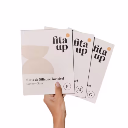 Caixas de sutiã de silicone invisível da marca Fita UP, contendo 1 par cada, com rótulos em preto e branco indicando os tamanhos P, M e G.