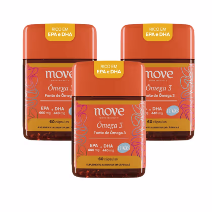 Três caixas de suplemento alimentar Move Skin Beauty Ômega 3, contendo 60 cápsulas cada, com rótulos em laranja e amarelo destacando os ingredientes EPA e DHA.