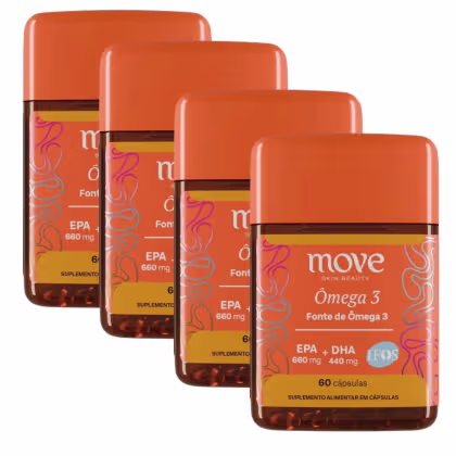 4 Caixas de suplemento alimentar Move Skin Beauty Omega 3, contendo 60 cápsulas cada, com rótulos em laranja e amarelo indicando EPA 660 mg e DHA 440 mg.