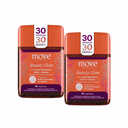 Dois frascos de cápsulas da linha Move Skin Beauty Beauty Glow, contendo 30 cápsulas cada, com rótulos em laranja e roxo destacando os ingredientes ácido hialurônico, silício e cisteína.
