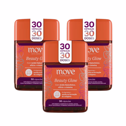 Três caixas de suplemento alimentar Move Skin Beauty Beauty Glow, contendo 30 cápsulas cada, com rótulos em laranja e roxo destacando os ingredientes ácido hialurônico, silício e cistina.