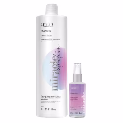 Frasco branco de shampoo com 1L de capacidade e um frasco menor de óleo capilar rosa de 60ml. O rótulo do shampoo destaca o sistema de ácido hialurônico e a promessa de limpeza suave e desembaraço dos cabelos.