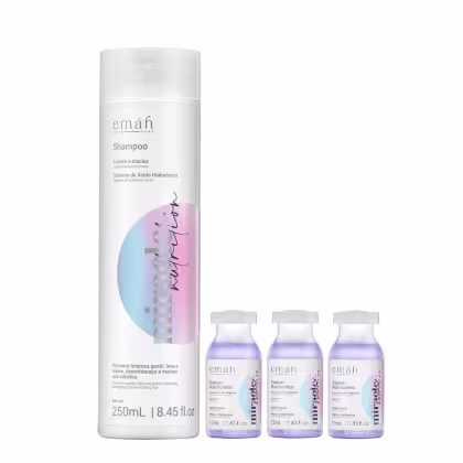 Emáh Hair Care: Shampoo em frasco branco com sistema de ácido hialurônico, acompanhado de três frascos menores de Booster Nutricional em tons de roxo.