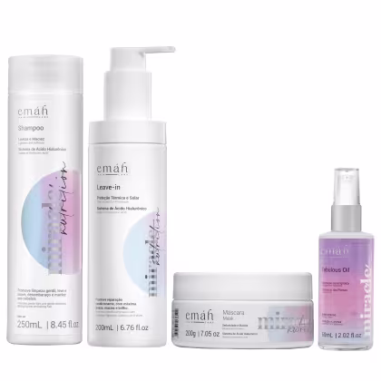 Produtos de cuidados capilares da marca Emáh, incluindo shampoo, leave-in, máscara e óleo, em embalagens brancas com detalhes em tons pastel e texto descritivo.