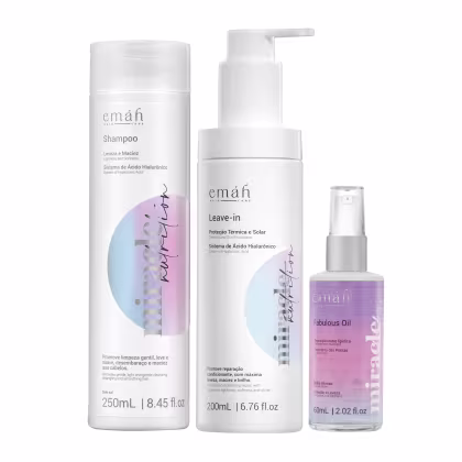 Emáh Hair Care: Shampoo, Leave-in e Fabulous Oil em embalagens brancas e coloridas, com sistema de ácido hialurônico e proteção térmica e solar.