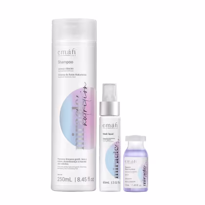 Emáh Hair Care produtos: shampoo de 250 mL, máscara líquida de 60 mL e booster nutritivo de 13 mL, em embalagens brancas com detalhes em tons pastel.