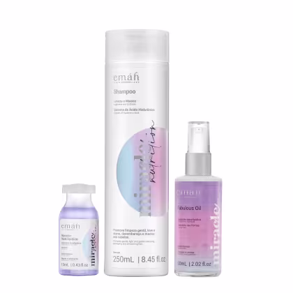 Emáh Hair Care: Shampoo em frasco branco, Booster Nutrilídico em frasco lilás e Fabulous Oil em frasco spray. Produtos com sistema de ácido hialurônico e design minimalista.