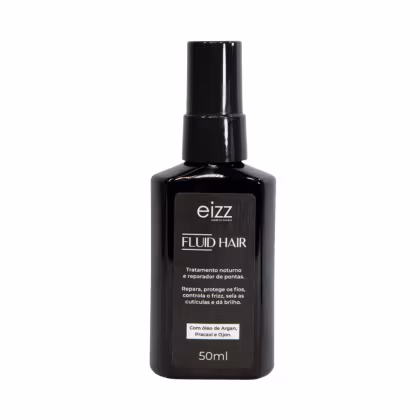 Frasco preto de 50ml do produto Fluid Hair da marca Eizz, com rótulo indicando que se trata de um tratamento noturno e reparador de pontas, que repara, protege os fios, controla o frizz e dá brilho aos cabelos, com óleos de argan, pracaxi e ojon.
