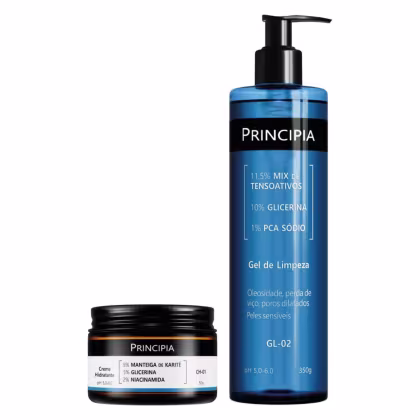 Dois produtos da marca Principia: um frasco de gel de limpeza com bomba dosadora em azul e preto, e um pote de creme hidratante em preto e laranja. Ambos apresentam informações sobre os ingredientes e características dos produtos.