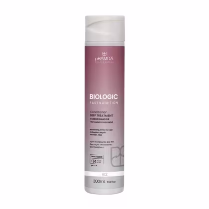 Frasco de condicionador da linha Biologic Fast Nutrition da marca pHAMDÁ Professional, com embalagem rosa e branca, contendo 300 mL do produto.