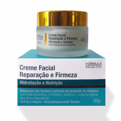 Creme facial da Fórmula Intense Care para reparação e firmeza da pele, com hidratação e nutrição. Embalagem de 40g com frasco de vidro e tampa dourada, apresentando informações sobre os ingredientes e benefícios do produto.