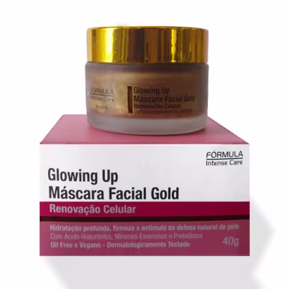 Frasco de máscara facial dourada da linha Glowing Up da Fórmula Intense Care, com rótulo destacando a renovação celular e ingredientes como ácido hialurônico, minerais essenciais e prebióticos. Embalagem de 40g com tampa dourada.