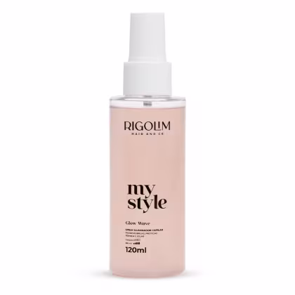 Frasco branco com rótulo rosa da linha "My Style" da marca Rigolim Hair & Co., contendo um spray iluminador capilar chamado "Glow Wave" com 120ml de volume.