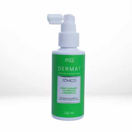 Frasco de tônico da linha Dermat da Eizz, com 120 ml, em embalagem plástica branca com rótulo verde, indicando ação calmante, cicatrizante e antisséptica.