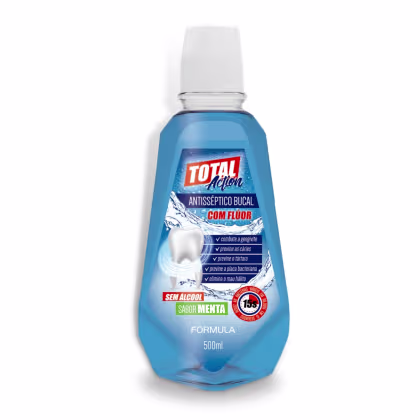 Frasco de enxaguante bucal Total Action com flúor, sabor menta, sem álcool, com embalagem azul e branca, destacando propriedades antissépticas e de combate à gengivite.