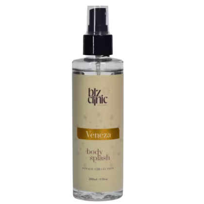 Frasco de corpo com pulverizador da linha Veneza da Blz Clinic, com rótulo em tons de amarelo e branco. Produto da coleção de viagem, com volume de 200ml.