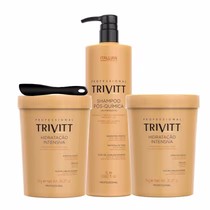 Produtos de tratamento capilar da marca Itallian Hairtech, incluindo shampoo pós-química, creme hidratante intensivo e embalagens de 1kg em cores predominantes de amarelo e preto.