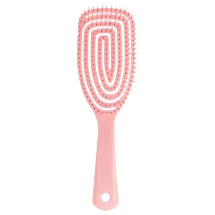 A imagem mostra uma escova de cabelo em cor rosa claro. Possui formato oval alongado com fileiras concêntricas de cerdas plásticas curtas e pontiagudas. O cabo é longo e reto.