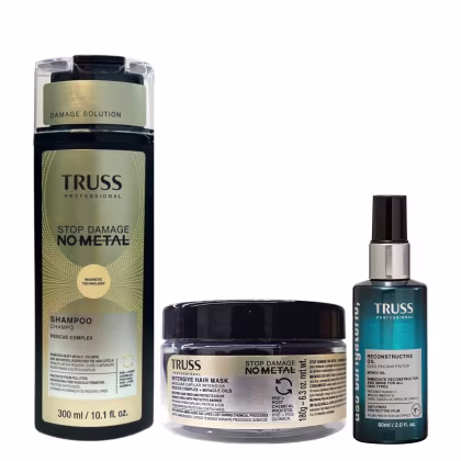 O conjunto de produtos Truss inclui um frasco de shampoo de 300 ml com rótulo "Stop Damage No Metal", um pote de máscara capilar intensiva e um frasco de óleo reconstrutor, todos com embalagens pretas e douradas.