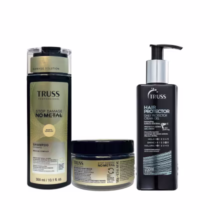 O conjunto de produtos Truss inclui um shampoo de 300 ml, uma máscara capilar intensiva e um gel protetor diário para cabelos, todos em embalagens pretas e douradas com rótulos destacados.