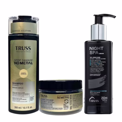 Produtos Truss inclui um frasco de shampoo de 300 ml, um pote de máscara capilar de 180g e um frasco de soro para noite de 250 ml, com embalagens em tons de preto e dourado destacando os benefícios "Stop Damage No Metal" e "Night Spa Serum".