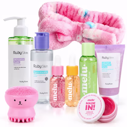 Imagem do produto Kit Skincare Melu Ruby Rose com Sabonete Facial Sérum Água Micelar Tônico Esfoliante e Faixa de cabelo