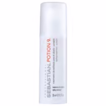 Embalagem em frasco cilíndrico de plástico branco opaco. Rótulo com o nome do produto "Sebastian Potion 9" em letras laranjadas e cinzas, texto descritivo em letras pretas. Volume de 50ml/1.7fl.oz indicado na embalagem.