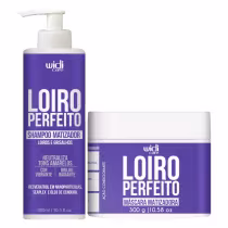 Produtos Widi Care: Shampoo matizador Loiro Perfeito em embalagem de 300 ml e máscara matizadora Loiro Perfeito em embalagem de 300 g, com rótulos em tons de roxo e branco.