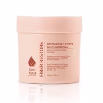 Máscara capilar da marca Nuance Professional, com a designação "Fiber Restore". O texto indica que se trata de um tratamento de restauração power multi-nutritivo, com propriedades de brilho tridimensional e suavidade.