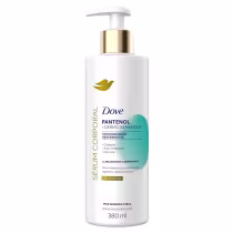 Frasco branco com bomba doseadora dourada, contendo o produto Dove Pantenol + Dermo Reparador, com informações sobre os benefícios e ingredientes na embalagem.