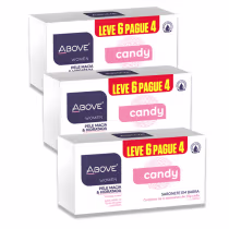 Caixas de sabonetes em barra da marca Above Women, com embalagem branca e detalhes em roxo e rosa. As caixas indicam a promoção "Leve 6 pague 4" para o produto "Candy", com sabonetes de 75g cada.