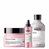 Kit L'Oréal Professionnel Vitamino Color Resveratrol + Silver Trio, 3 produtos.