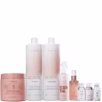 Conjunto de produtos de beleza da marca Braé, incluindo shampoo, condicionador, máscara capilar, óleo capilar e outros itens em embalagens brancas e rosadas.