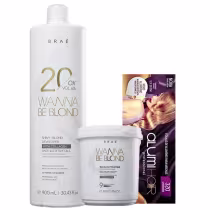 O conjunto de produtos Braé inclui um frasco branco de 900 ml de "Wanna Be Blond" com 20 volumes de peróxido, um pote branco de "Wanna Be Blond" bleach powder, e uma caixa roxa de "Alumihair" coloração.