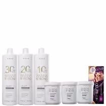 Kit Braé com três oxidantes Wanna Be Blond, com diferentes volumes, acompanhados de três potes de pó descolorante e uma caixa de folhas de alumínio para mechas Alumi Hair