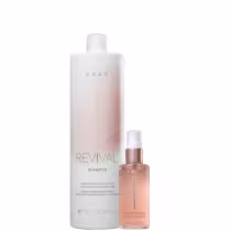 Shampoo Revival e um frasco de óleo Gorgeous Shine Oil, com embalagens de design minimalista e cores claras, da marca Braé