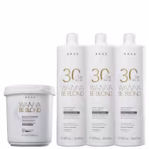 Três frascos brancos da linha Wanna Be Blond da marca Braé, com rótulos em dourado e branco, contendo ox 30 volumes. Também há um pote branco de pó descolorante da mesma linha.