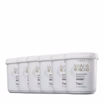 Seis embalagens brancas de pó descolorante da marca Braé "Wanna Be Blond", com rótulos dourados indicando o produto e o tamanho da embalagem de 500g cada.
