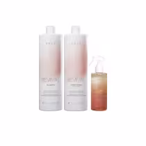 Dois frascos brancos e rosados da linha Revival de shampoo e condicionador da marca Braé, acompanhados de um frasco laranja Beach Hair Day.