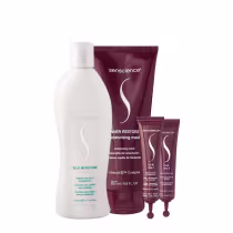 Produtos de cuidados capilares da marca Senscience, incluindo um shampoo Silk Moisture, uma máscara Inner Restore e dois tratamentos CPR