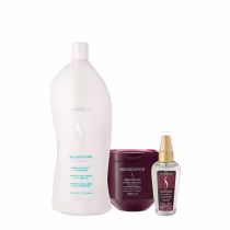 Produtos Senscience: frasco branco de shampoo Silk Moisture, máscara Inner Restore e sérum True Hue Color