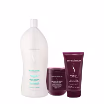 Produtos Senscience: shampoo Silk Moisture em frasco branco, máscara Inner Restore Intensif em embalagem roxa e tratamento leave-in Moisture Lock em tubo roxo. Todos os produtos apresentam a marca Senscience em destaque.