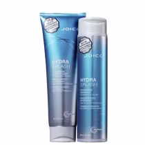 A imagem mostra produtos da linha Hydra Splash, da marca Joico: shampoo de 300ml e condicionador de 250ml. As cores predominantes são azul, prata e branco.