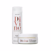 A imagem mostra produtos da marca Braé: Divine Shampoo 250ml e Mascara Capilar 200g.