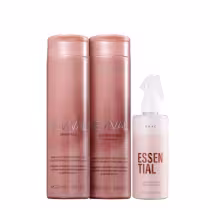 Dois frascos de shampoo e condicionador da linha Revival da Braé, em embalagens rosadas, e um frasco branco do spray reparador Essential da Braé, todos com rótulos e textos visíveis.